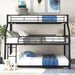 Giga black twin, full, or queen triple bunk bed with long and short ladders, full-length guardrails, and sturdy construction.