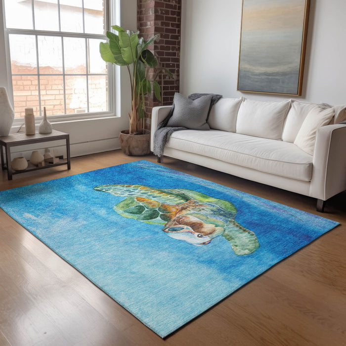 10' X 14' Nautical Washable Area Rug With UV Protection - Pacific Blue