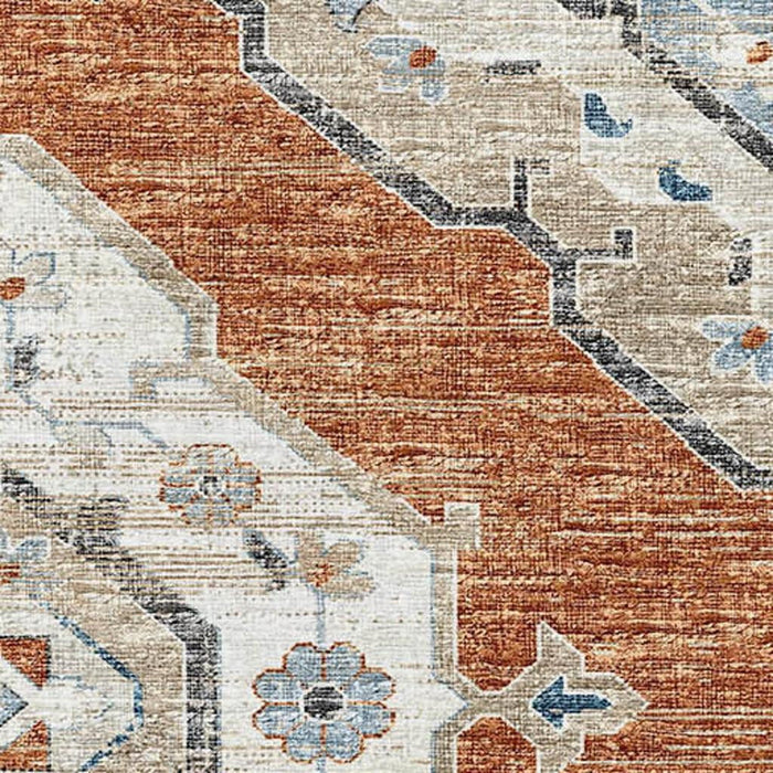 8' X 10' Tribal Distressed Washable Area Rug With UV Protection (644184) - Terra Cotta / Ivory / Blue