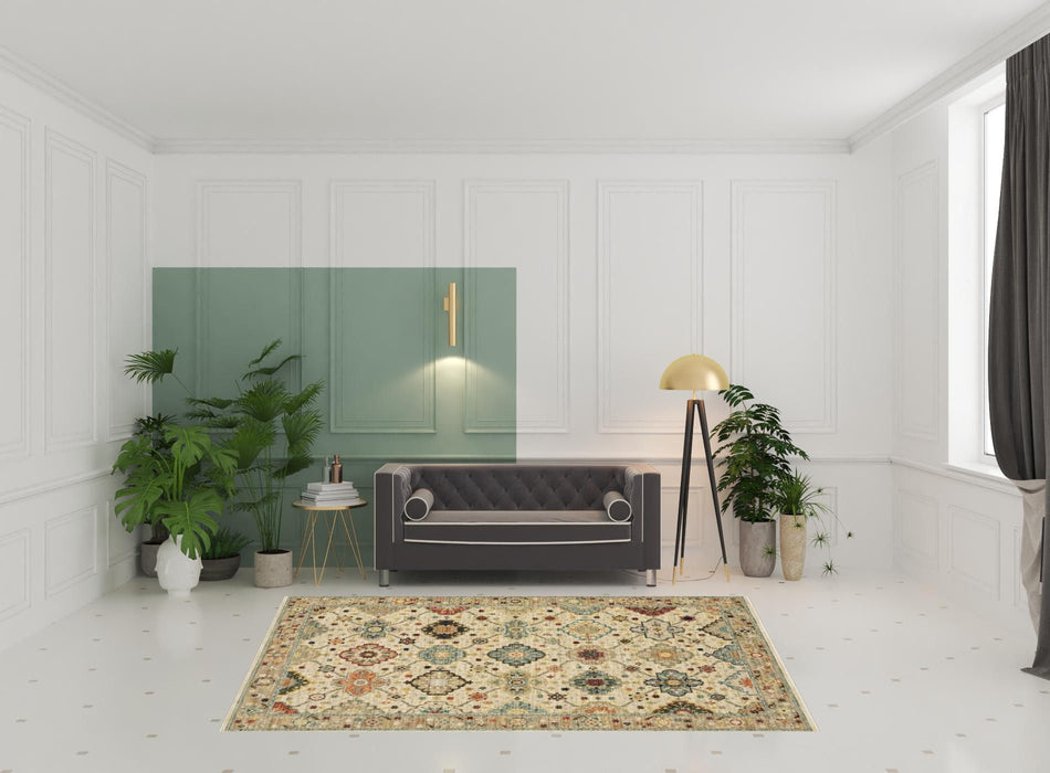 6' x 9' Oriental Power Loom Stain Resistant Area Rug With Fringe - Beige Pale Blue Rust Gold Tan Brown And Orange