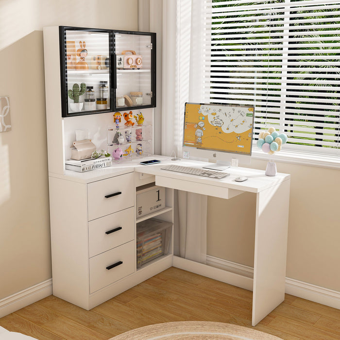Giga L-shaped computer desk with glass cabinets, built-in LED lights, and USB charging ports in a modern home office setup.