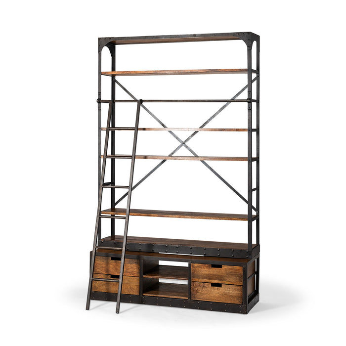 Four Tier Library Bookcase With Four Drawers - Black / Brown / Copper