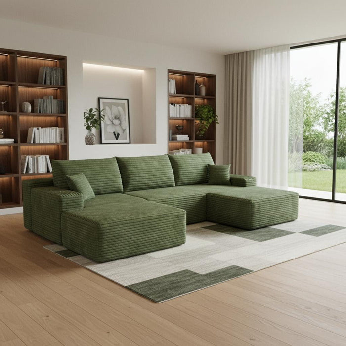 107" 2 Piece Living Room Set Corduroy Modular Compression Foam Sofa With Ottoman Toss Pillows - Green