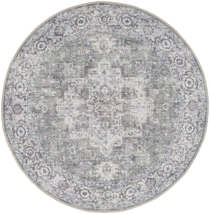 5' Floral Power Loom Worn Faded Round Rug (573537) - Gray