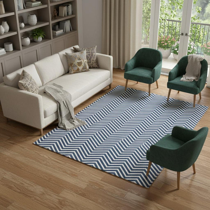 10' X 14' Chevron Washable Area Rug With UV Protection (674233) - Blue / Ivory