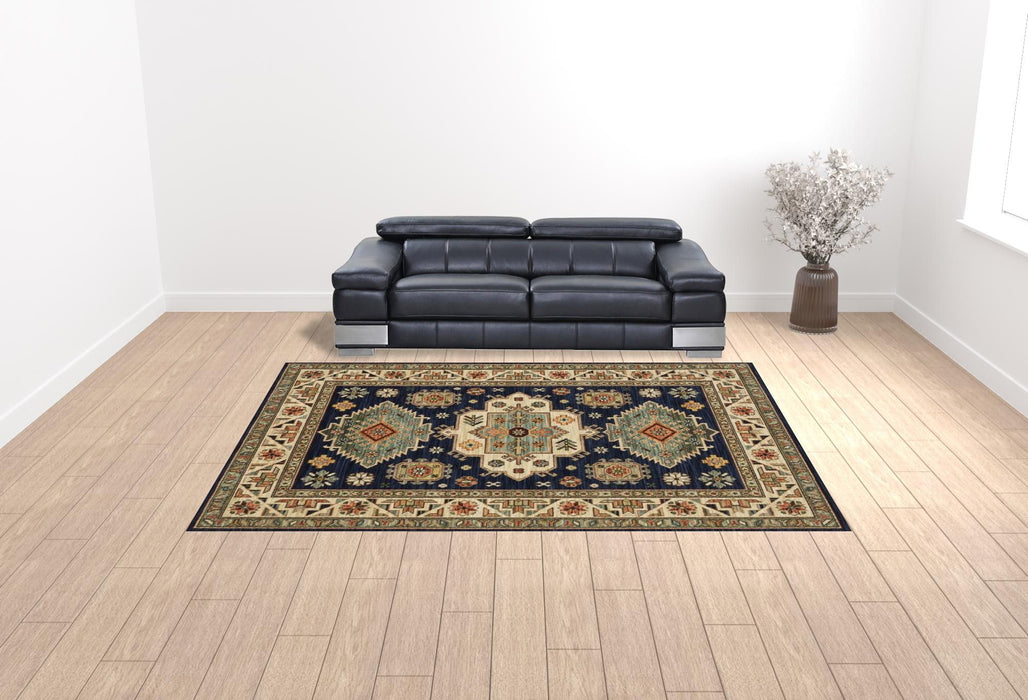 10' x 13' Oriental Power Loom Stain Resistant Area Rug With Fringe - Navy Charcoal Orange Rust Gold Pale Blue Olive Beige And Salmon