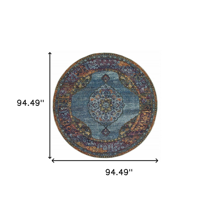 8' Round Oriental Power Loom Area Rug - Blue And Beige