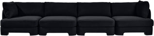 Meridian Furniture Hammond velvet performance fabric 4-piece stationary sectional sofa with plush cushions and modern design.