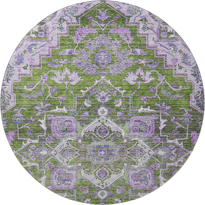 8' Floral Medallion Washable Round Rug With UV Protection - Olive Green