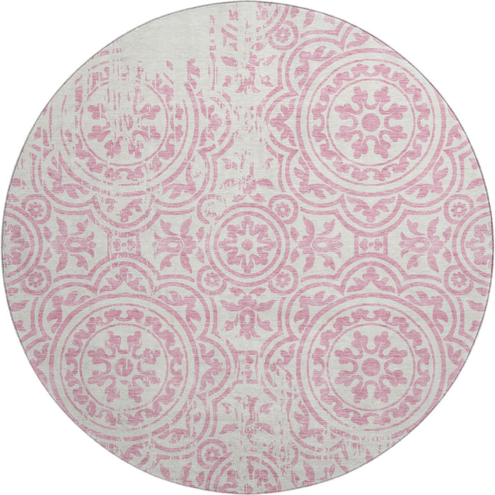 8' Medallion Washable Round Rug With UV Protection - Pink / Ivory