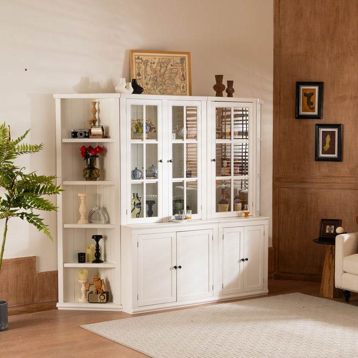Giga retro-style white wall display cabinet with glass doors, 75.25-inch tall, featuring triangle-sided bookshelves.