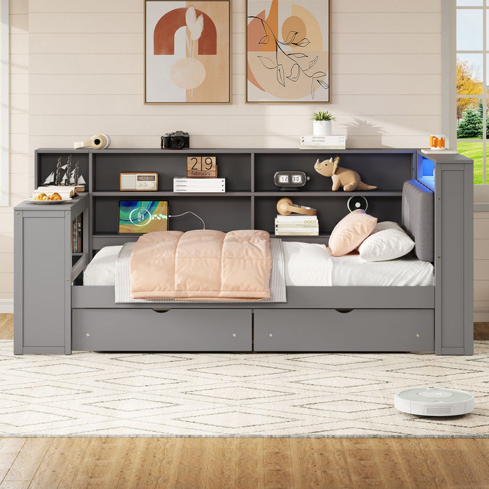 Giga platform storage bed with upholstered headboard, built-in desk, LED lighting, storage shelves, drawers, and charging station.