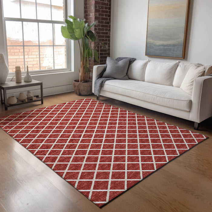 8' X 10' Geometric Washable Area Rug With UV Protection - Red / Ivory