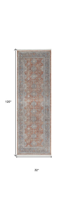 10' Oriental Power Loom Runner Rug With Fringe - Blue And Red