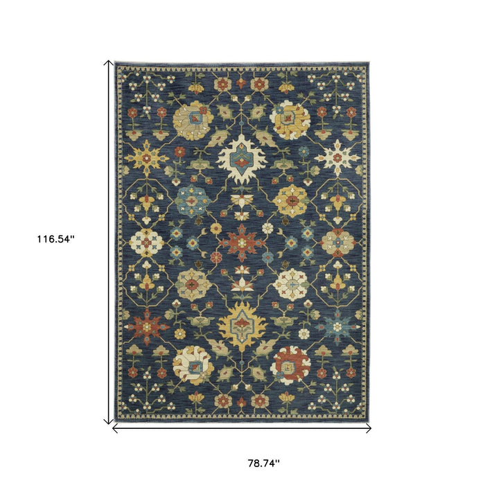 7' X 10' Oriental Area Rug With Fringe - Blue / Gold