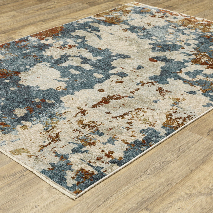 7' X 10' Modern Abstract Distressed Area Rug With Fringe - Beige