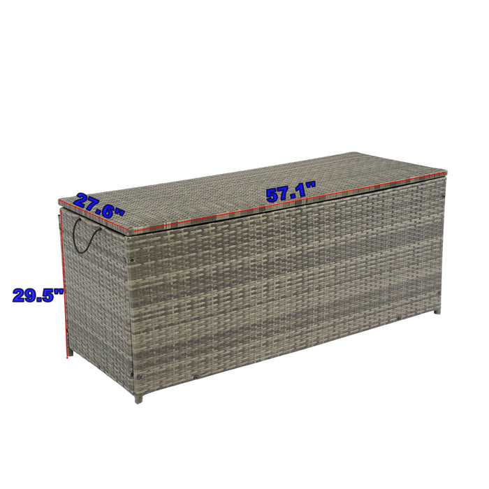 Giga outdoor wicker storage box with lid, patio deck cabinet for kids toys, cushions, towels, and outdoor accessories.
