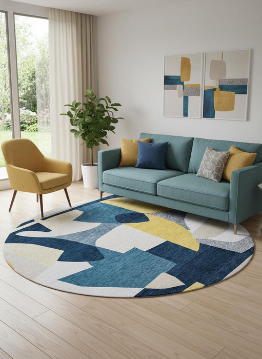 8' Abstract Washable Round Rug (552012) - Blue / Yellow