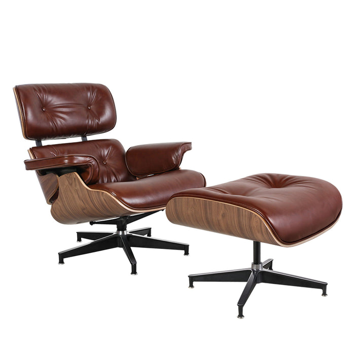Brown genuine leather tufted swivel lounge chair with matching Ottoman by HomeRoots, showcasing plush upholstery and modern design.