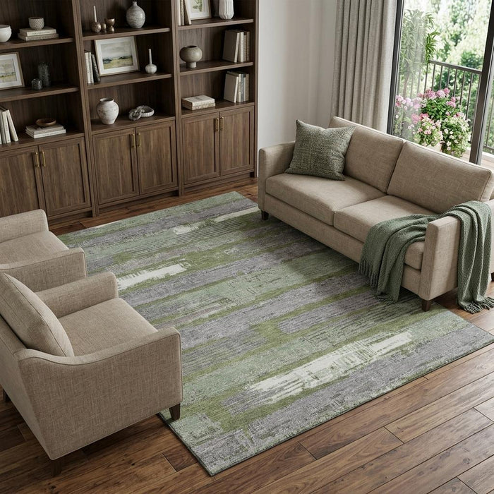 10' X 14' Striped Washable Area Rug With UV Protection (696512) - Olive Green / Gray / Silver