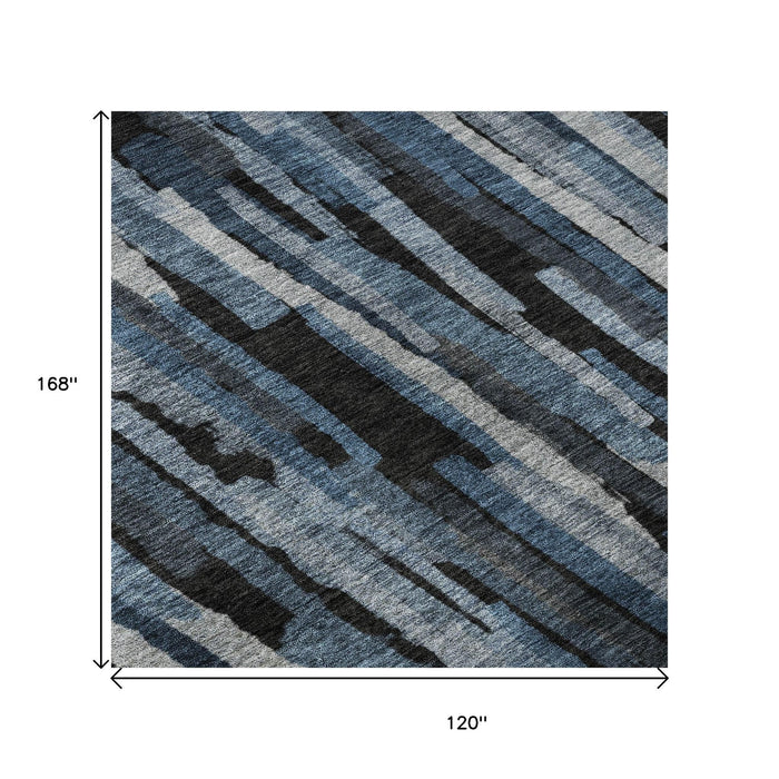 10' X 14' Striped Washable Area Rug With UV Protection (683776) - Blue / Charcoal / Silver