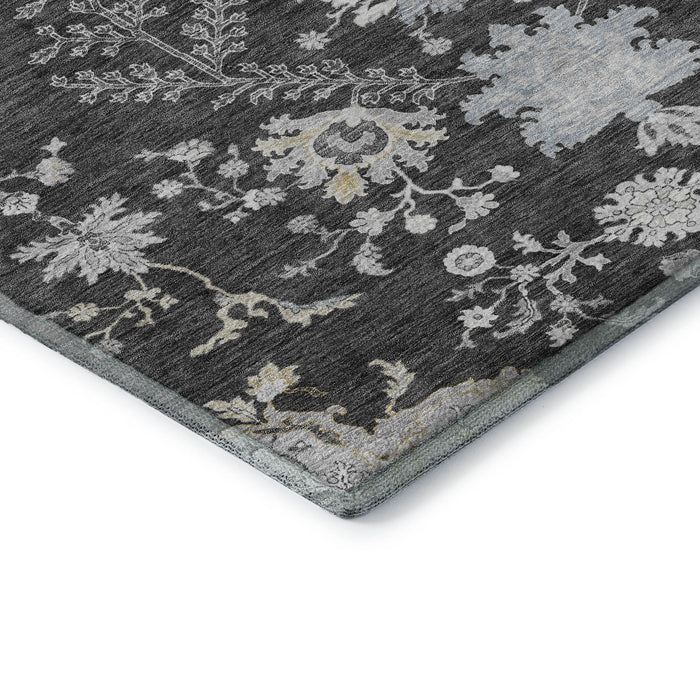 10' X 14' Floral Washable Area Rug With UV Protection (687047) - Charcoal / Gray / Silver