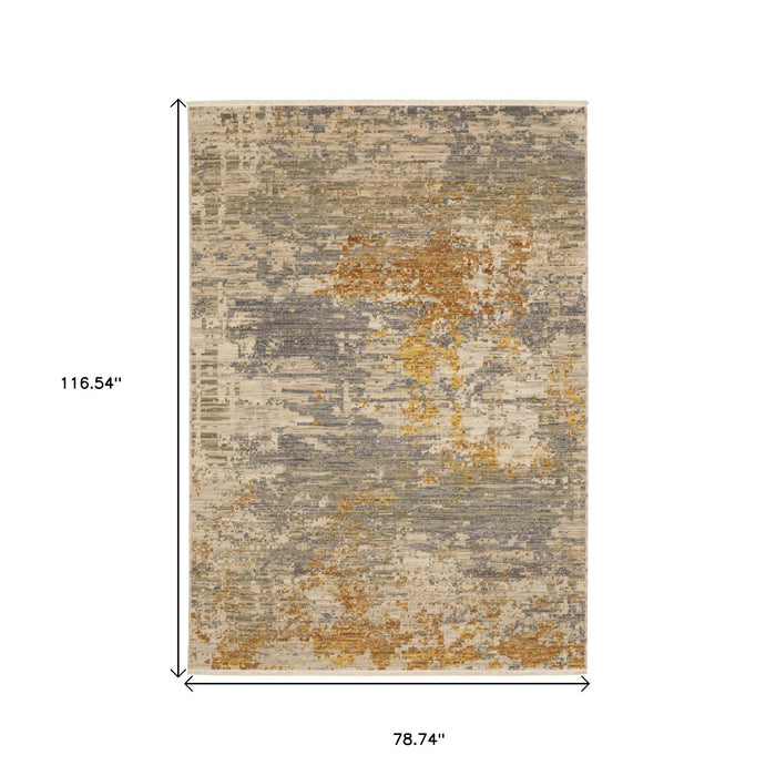 7' X 10' Abstract Area Rug With Fringe - Beige And Gold