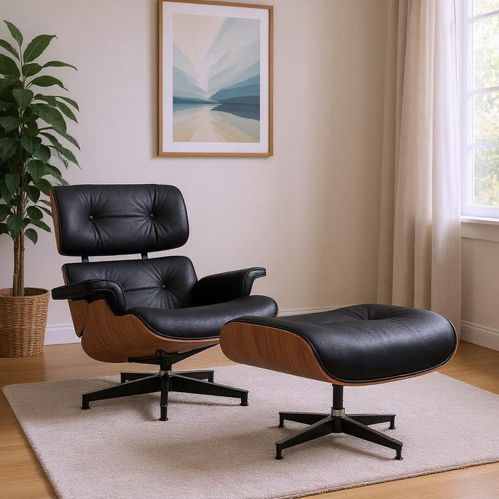 28" Tufted Genuine Leather Lounge Chair With Ottoman - Black / Light