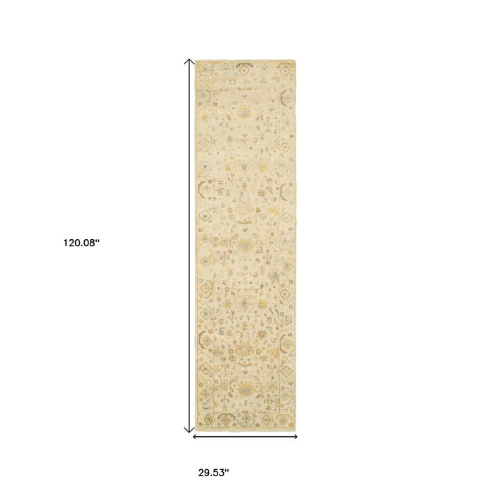 10' Wool Oriental Hand Knotted Runner Rug - Beige / Gray