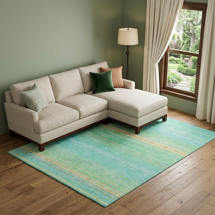 10' X 14' Striped Washable Area Rug With UV Protection (677291) - Aqua / Yellow / Peach
