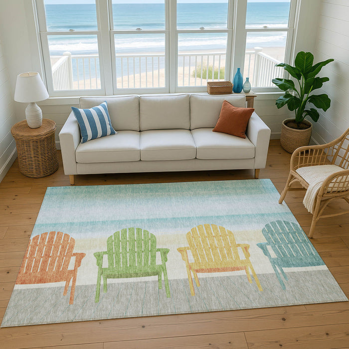 10' X 14' Nautical Washable Area Rug With UV Protection - Aqua