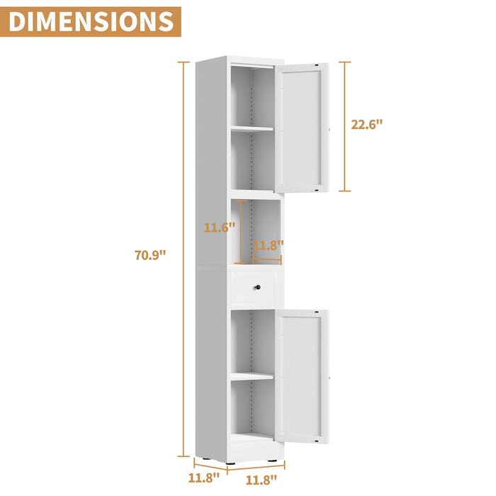 Giga tall white narrow bathroom medicine cabinet with 5-tier storage, adjustable shelves, freestanding design