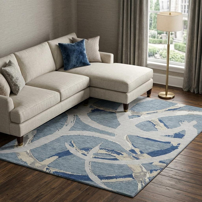 10' X 14' Abstract Washable Area Rug With UV Protection (680253) - Denim Blue / Gray / Ivory