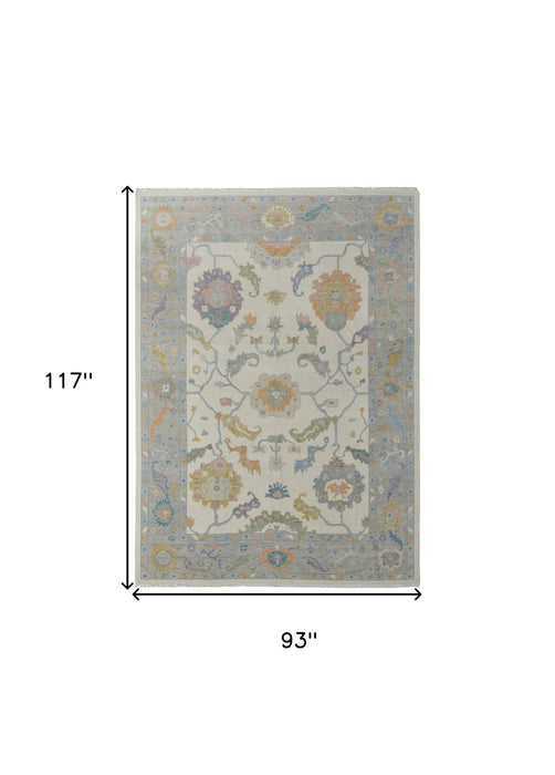 8' x 10' Wool Floral Hand Knotted Area Rug With Fringe - Gray Ivory And Orange