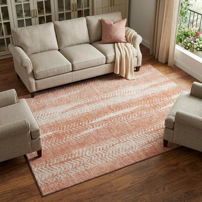 8' X 10' Striped Washable Area Rug With UV Protection (656523) - Coral / Ivory