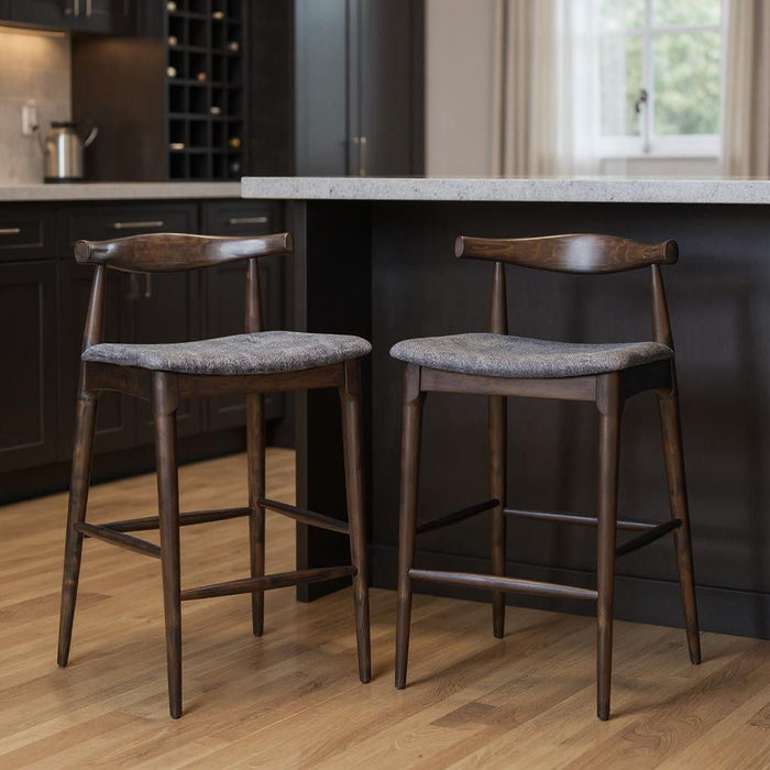 Wood And Fabric Low Back Bar Chairs (Set of 2) - Gray