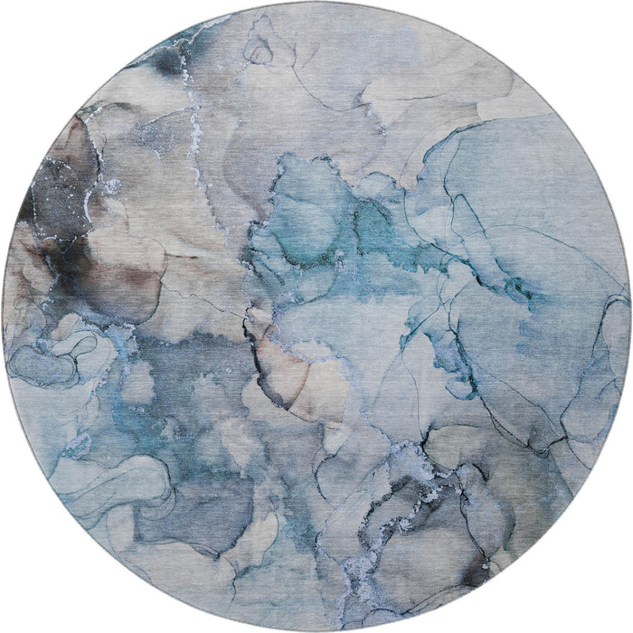 8' Abstract Washable Round Rug With UV Protection (647293) - Blue / Gray / Ivory