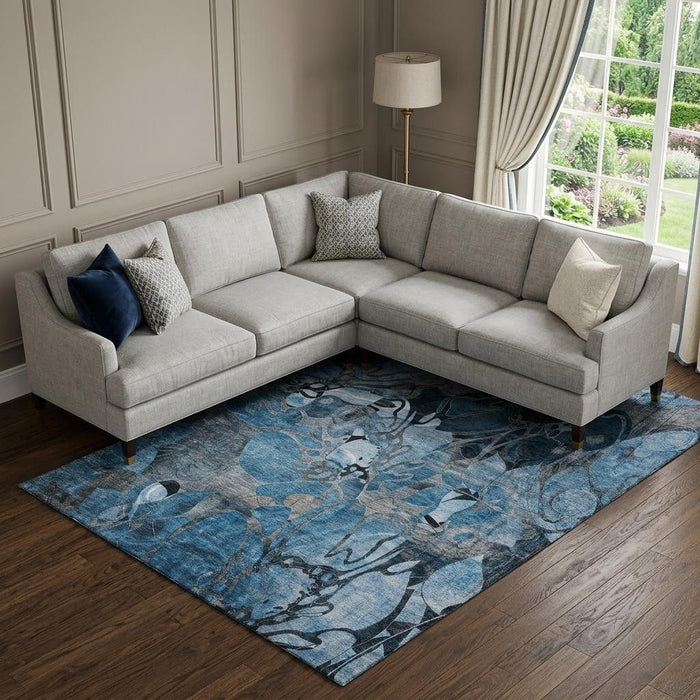 8' X 10' Abstract Distressed Washable Area Rug With UV Protection (648968) - Blue / Ivory / Gray