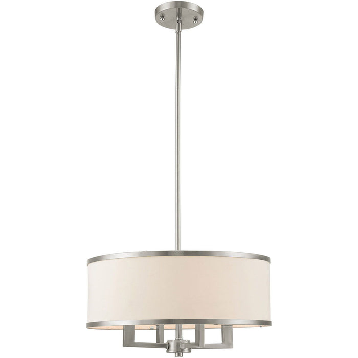 HomeRoots 18-inch four-light dimmable chandelier with pearl silver and nickel shades, showcasing elegant lighting design.