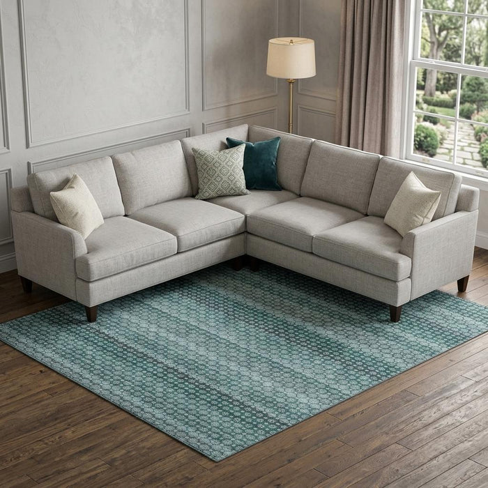 10' X 14' Striped Washable Area Rug With UV Protection (693612) - Teal / Gray / Ivory