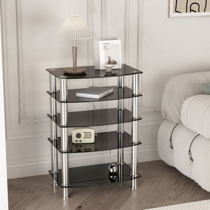 Giga 5-tier black tempered glass side table with stainless steel frame, ideal for living room or bedroom use.