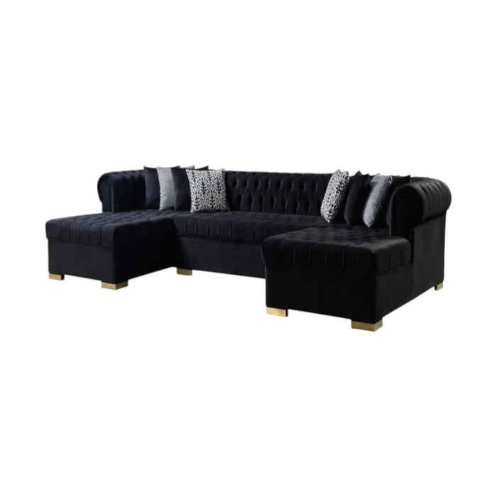 Velvet U Shaped Three Piece Sofa Chaise Sectional With Toss Pillows - Black