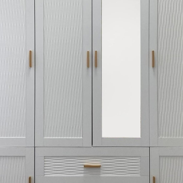 White 75-inch ribbed textured wood wardrobe with six doors and two drawers, HomeRoots dresser for bedroom storage.