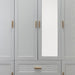 White 75-inch ribbed textured wood wardrobe with six doors and two drawers, HomeRoots dresser for bedroom storage.