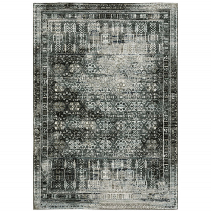 8' x 11' Oriental Power Loom Stain Resistant Area Rug - Charcoal Gray Blue Ivory And Taupe