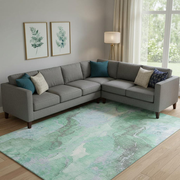 10' X 14' Abstract Washable Area Rug With UV Protection (701335) - Pale Aqua / Green / Ivory