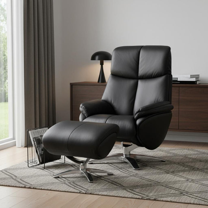 Black genuine leather swivel recliner with tufted design and matching ottoman by HomeRoots, showing plush cushioning and armrests.