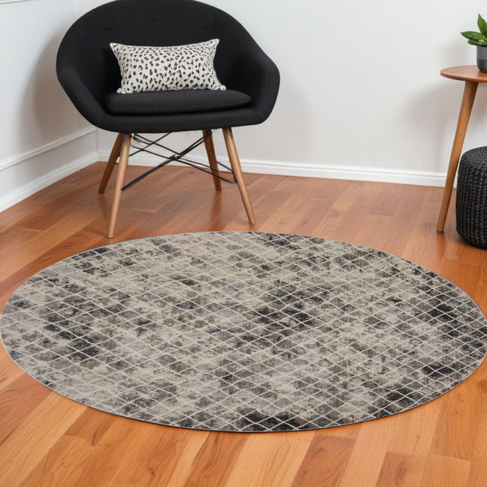 8.8' x 8.8' Round Abstract Area Rug - Ivory And Black