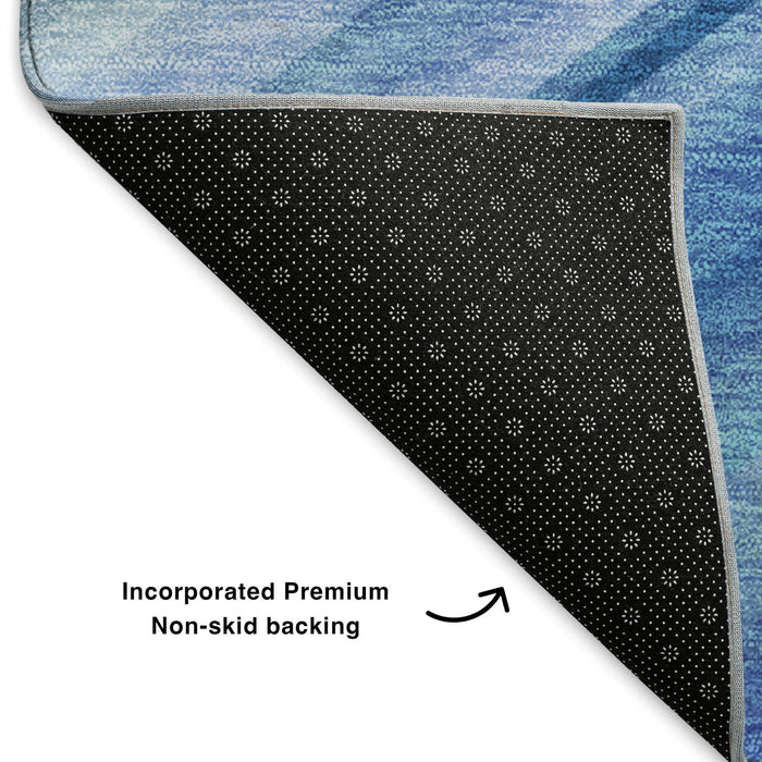 8' Abstract Washable Round Rug With UV Protection (650341) - Blue / Ivory / Gold