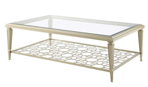 Clear glass and champagne steel HomeRoots coffee table with sleek modern design, perfect for contemporary living rooms.